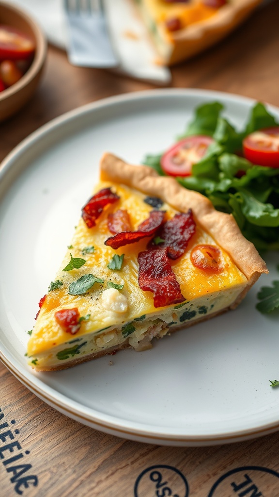 A slice of Quiche Lorraine with crispy bacon on a plate, accompanied by salad and cherry tomatoes.