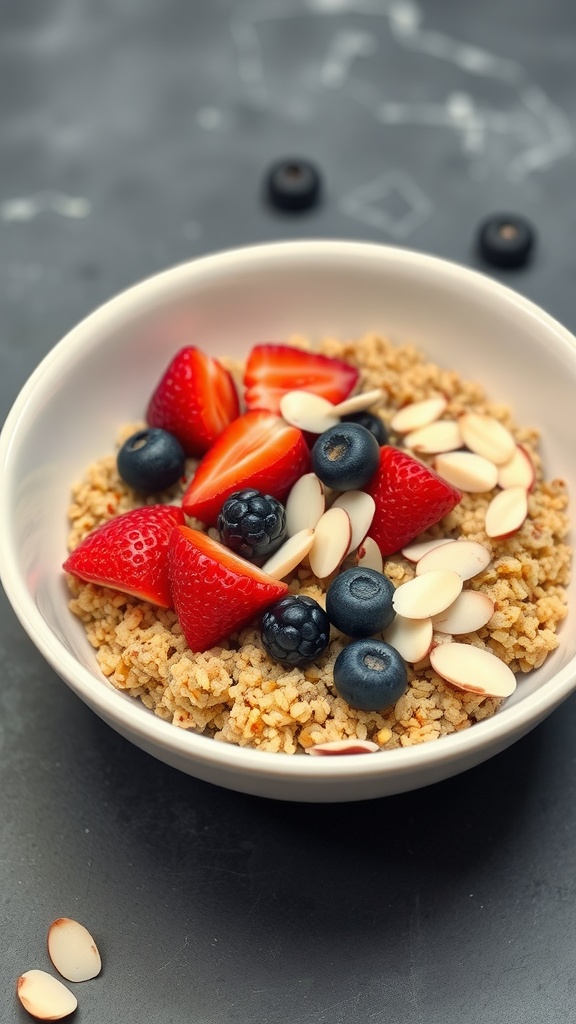 A bowl of quinoa topped with sliced almonds, strawberries, and blueberries