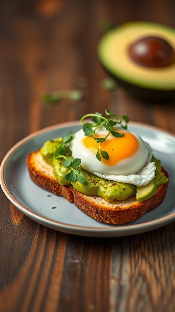 Savory avocado toast topped with a poached egg, garnished with fresh herbs.