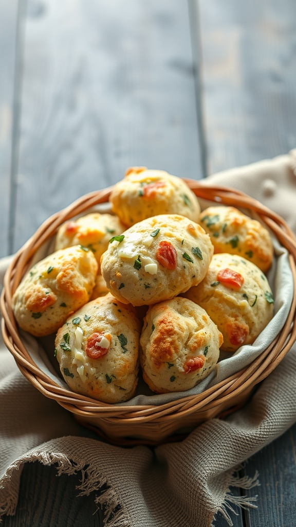 A basket filled with savory cheese and herb scones on a textured cloth.