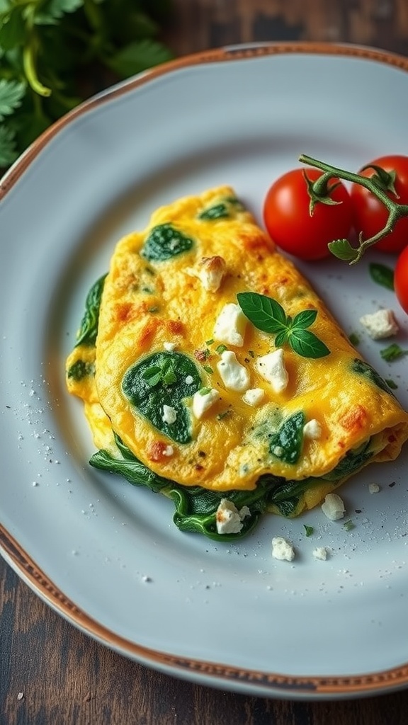 A delicious Savory Spinach and Feta Omelette served with cherry tomatoes.