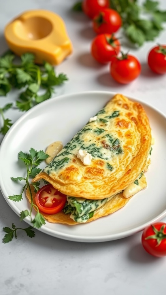 Savory spinach and feta omelette on a white plate with cherry tomatoes and herbs on the side.