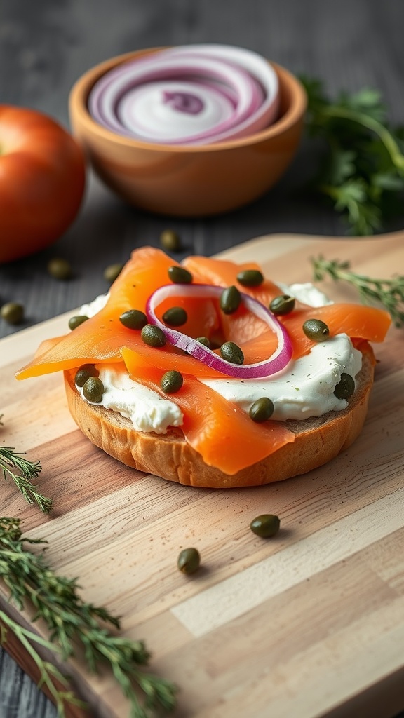 A delicious smoked salmon bagel topped with cream cheese, capers, and red onion on a wooden cutting board.