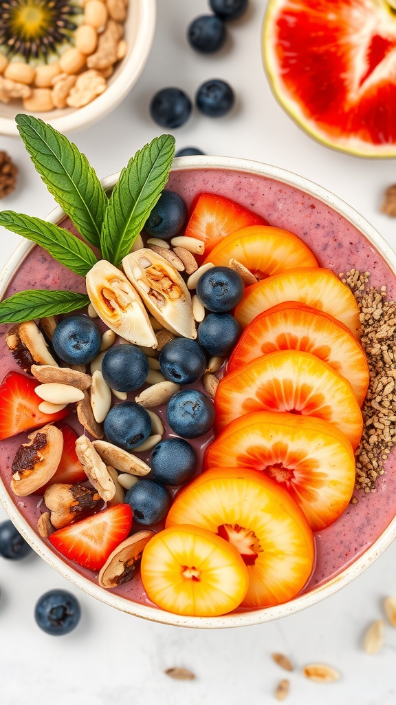 A colorful smoothie bowl topped with fresh fruits, nuts, and seeds.