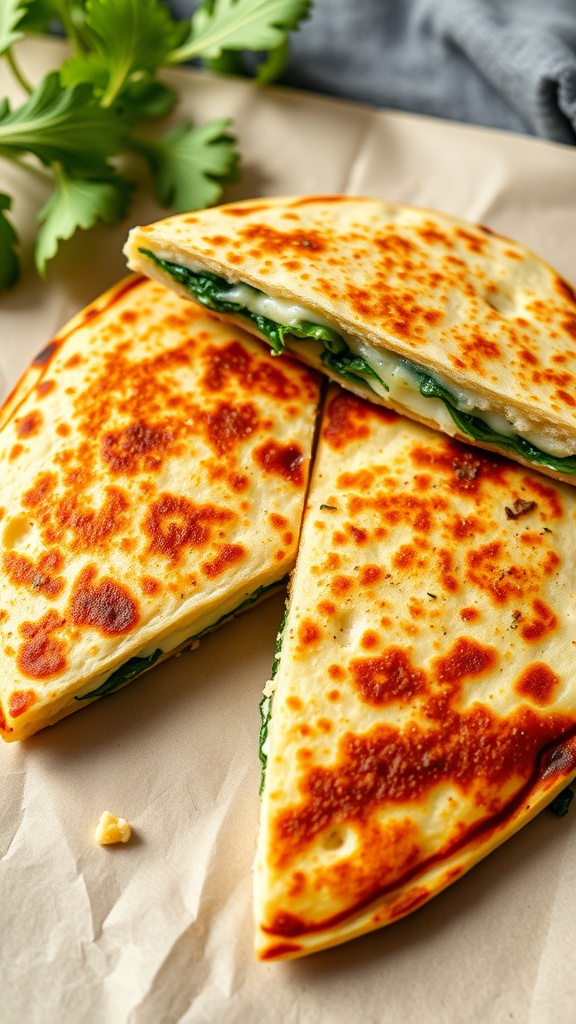 Spinach and Cheese Breakfast Quesadilla sliced into wedges