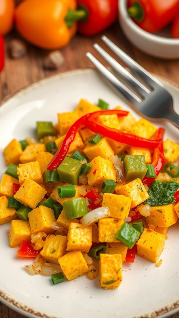 Delicious tofu scramble with diced bell peppers on a plate