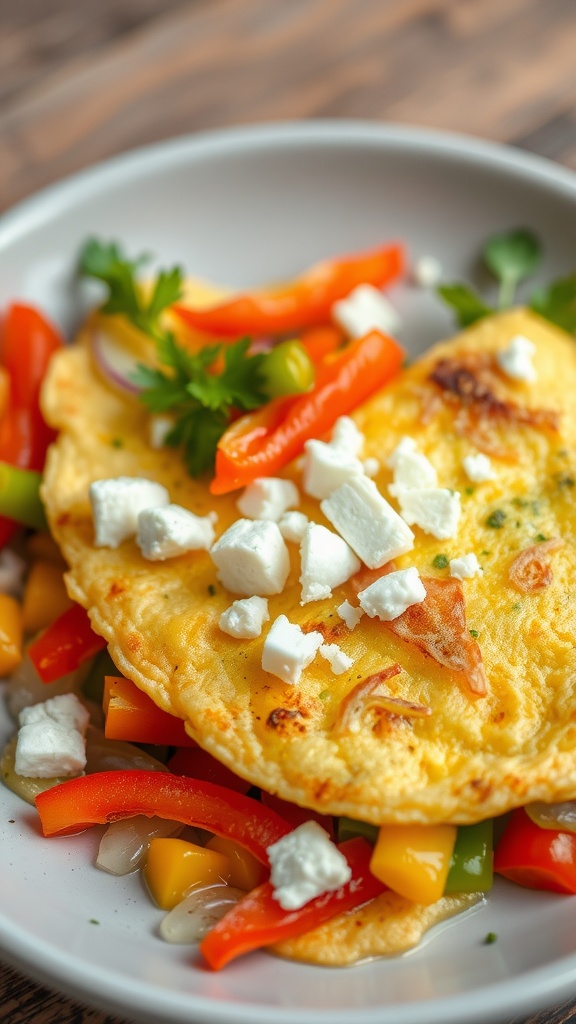 A plate of vegetable omelette with feta cheese, served with colorful bell peppers.