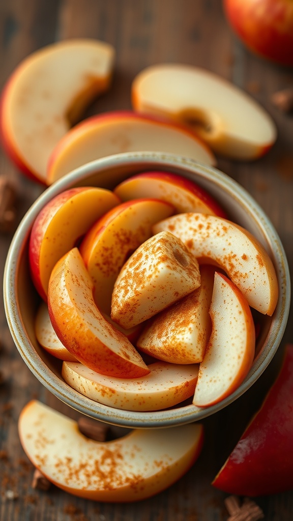 A bowl of apple slices sprinkled with cinnamon.