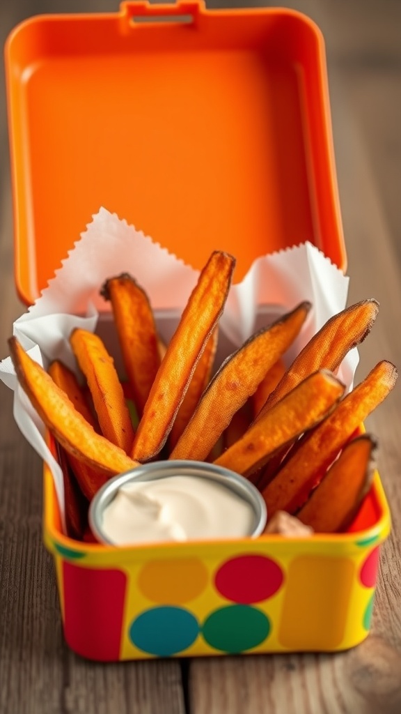 Baked sweet potato fries in a colorful lunchbox with a dip.
