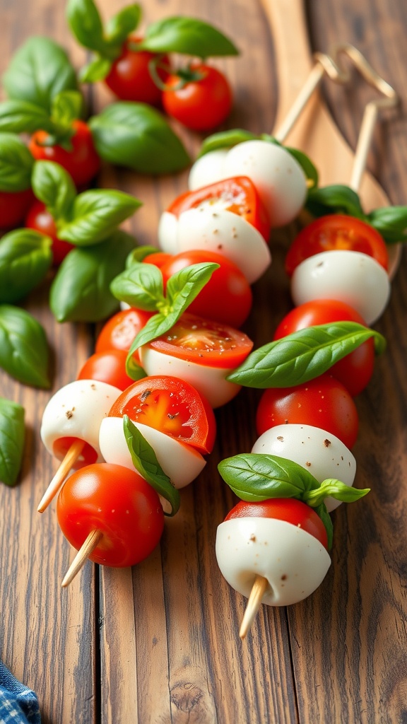 Caprese skewers made of cherry tomatoes, mozzarella balls, and fresh basil on sticks.