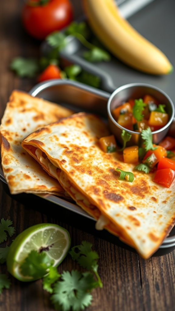 Cheese quesadillas with salsa on a plate