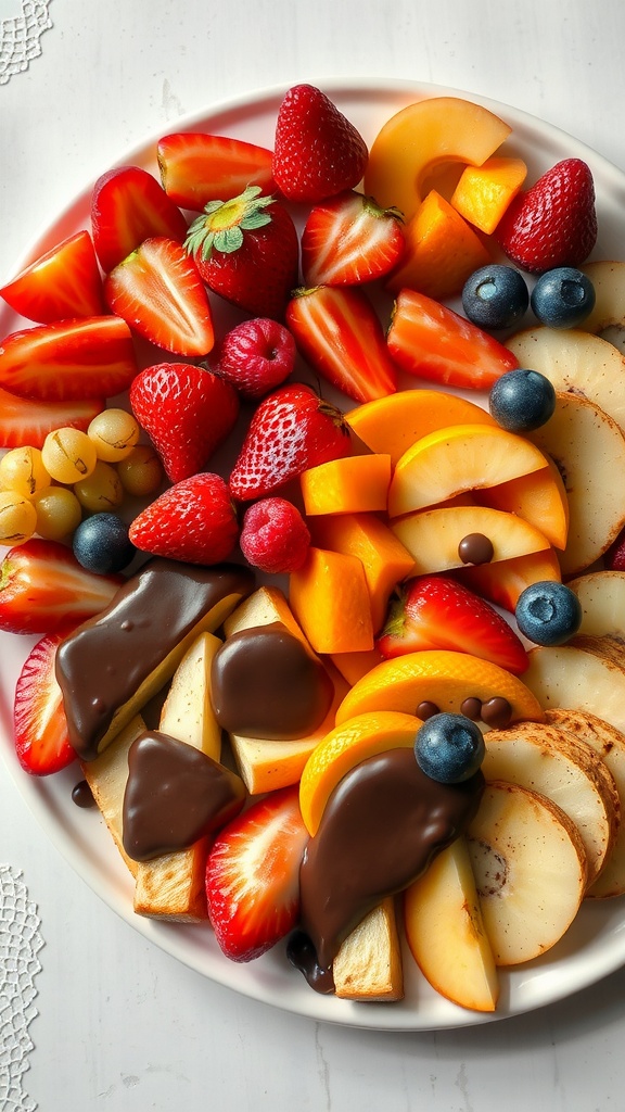 A colorful plate of assorted fruit, including strawberries, blueberries, peaches, and apple slices, drizzled with chocolate.