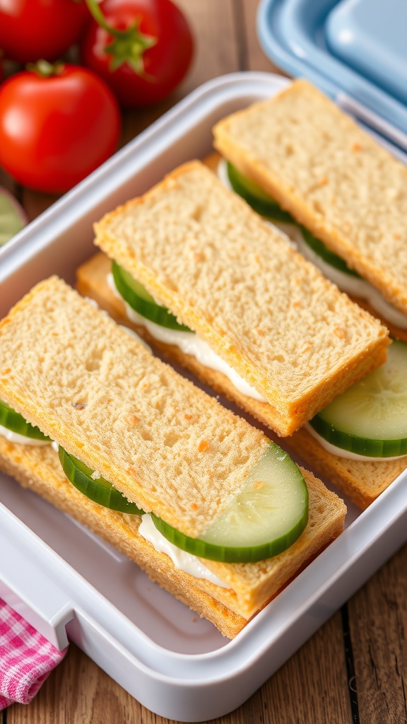 Cucumber and cream cheese sandwiches arranged neatly on a platter.
