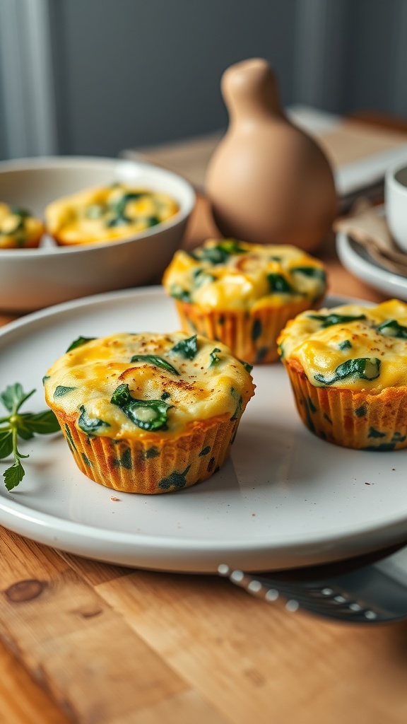 Delicious egg muffins with spinach served on a plate.