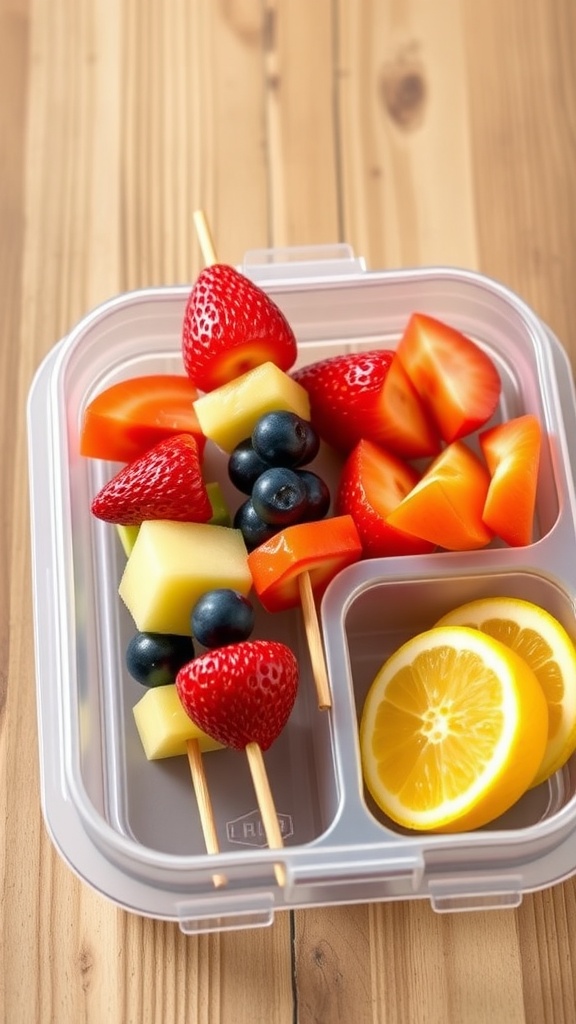 Colorful fruit kabobs with strawberries, pineapple, melon, blueberries, and grapes on wooden skewers.