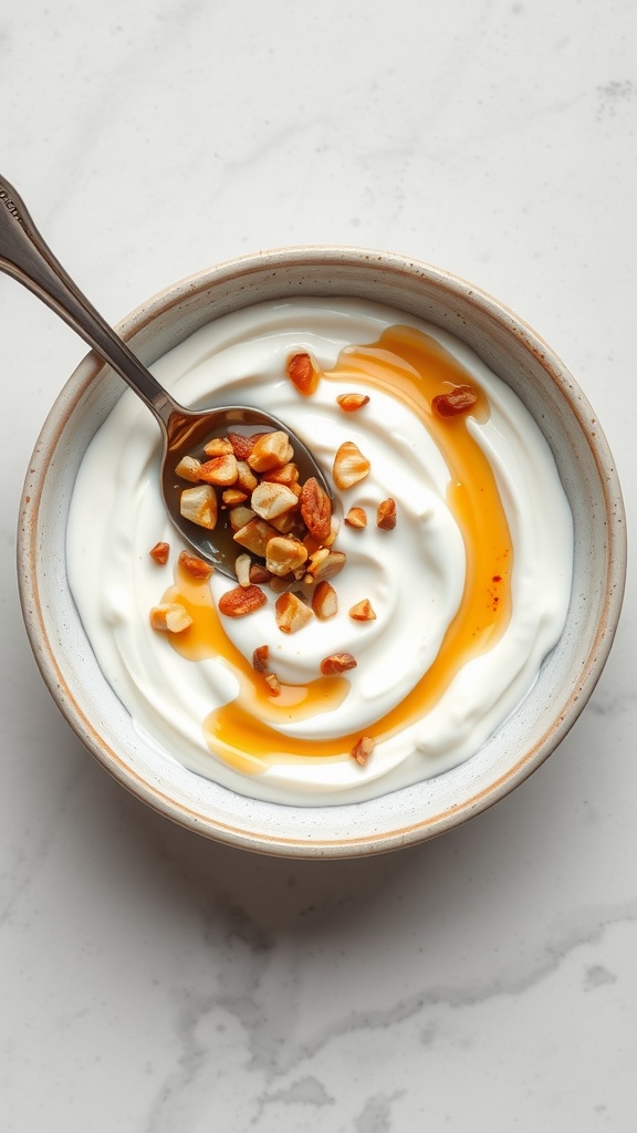 A bowl of Greek yogurt topped with honey and nuts.