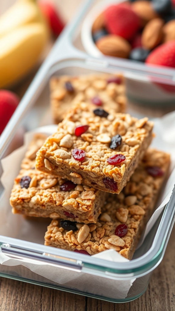 Delicious homemade granola bars cut into squares on a wooden platter.
