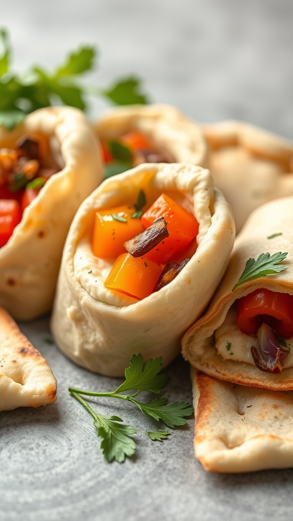Mini pita pockets filled with hummus and colorful vegetables.