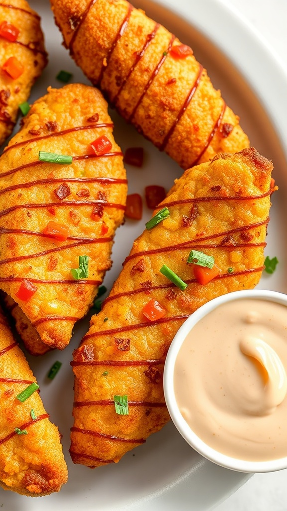 Plate of crispy oven-baked chicken tenders with celery and dipping sauce