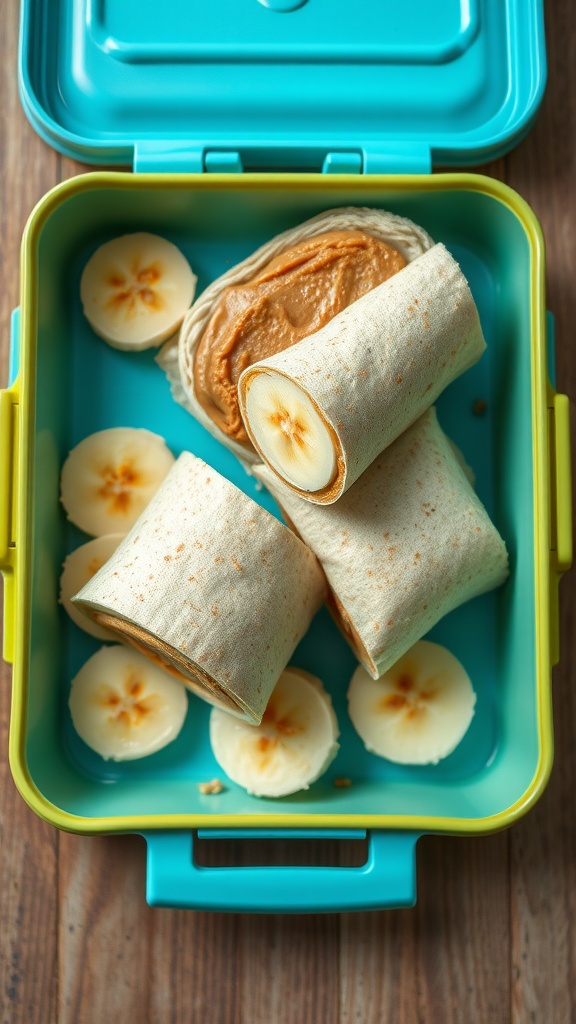 A bento box with peanut butter banana wraps and banana slices.