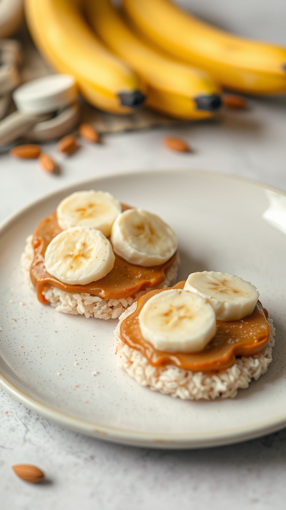 Rice cakes topped with almond butter and banana slices.