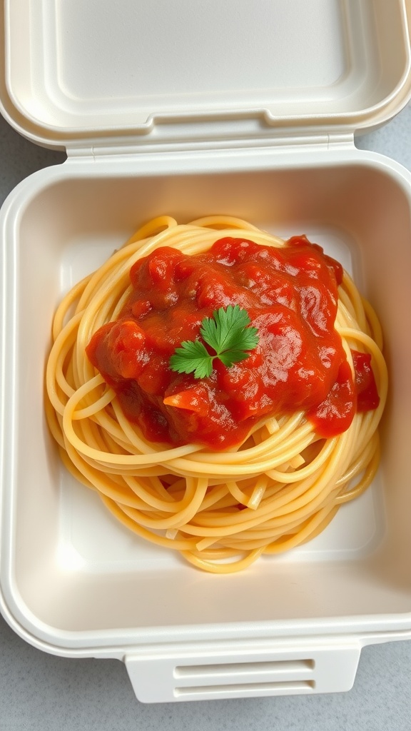 Spaghetti with marinara sauce topped with parsley on a wooden table.