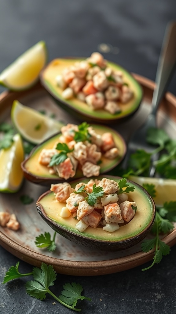 Tuna salad stuffed avocados on a plate with lime wedges