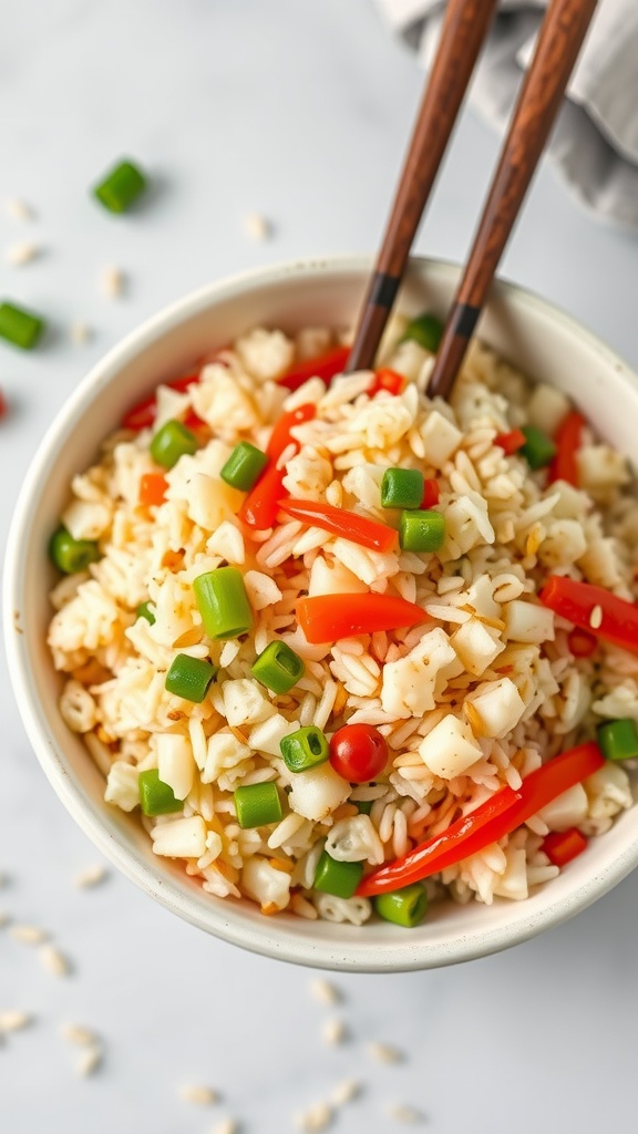 A bowl of vibrant vegetable fried rice with colorful veggies and chopsticks