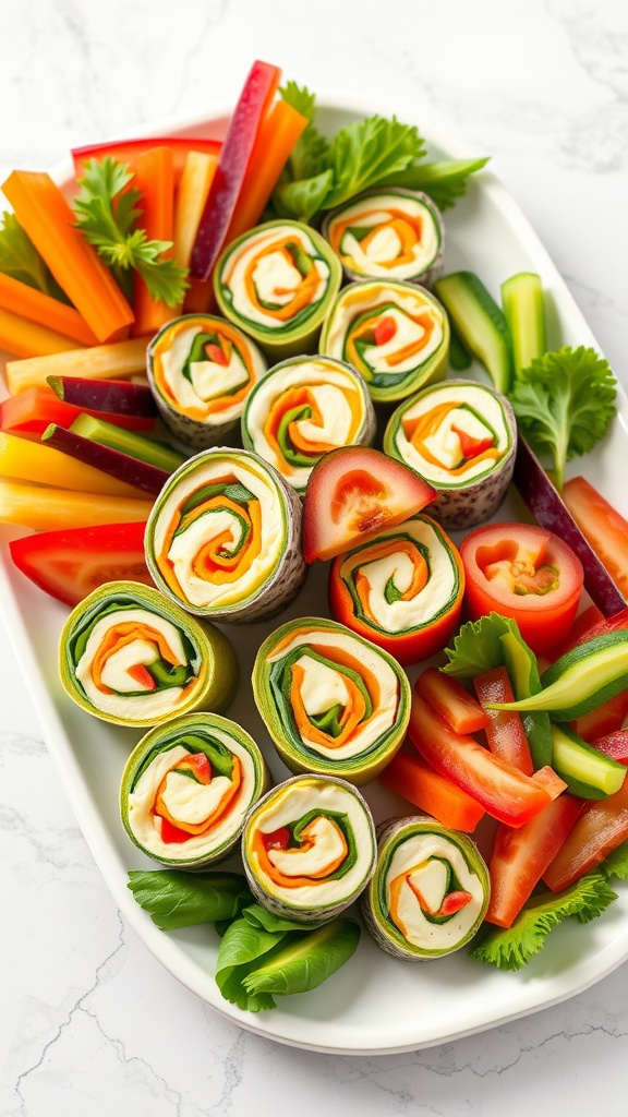 Veggie and Cheese Pinwheels on a platter with colorful vegetables