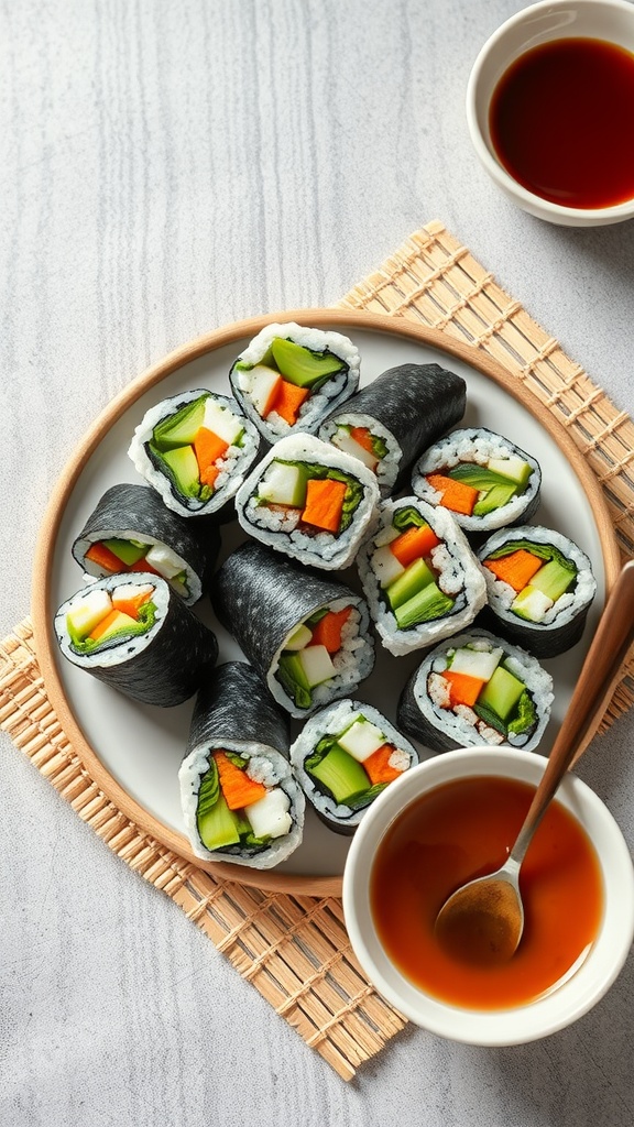 A plate of colorful veggie sushi rolls served with dipping sauce