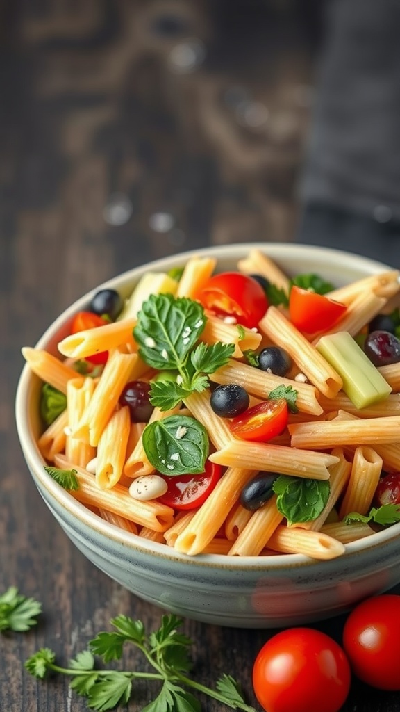 A colorful bowl of whole wheat pasta salad with vegetables.