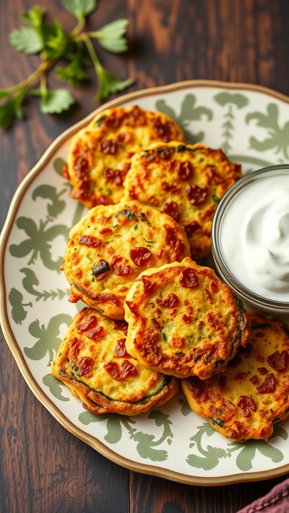 Plate of zucchini fritters served with a side of yogurt