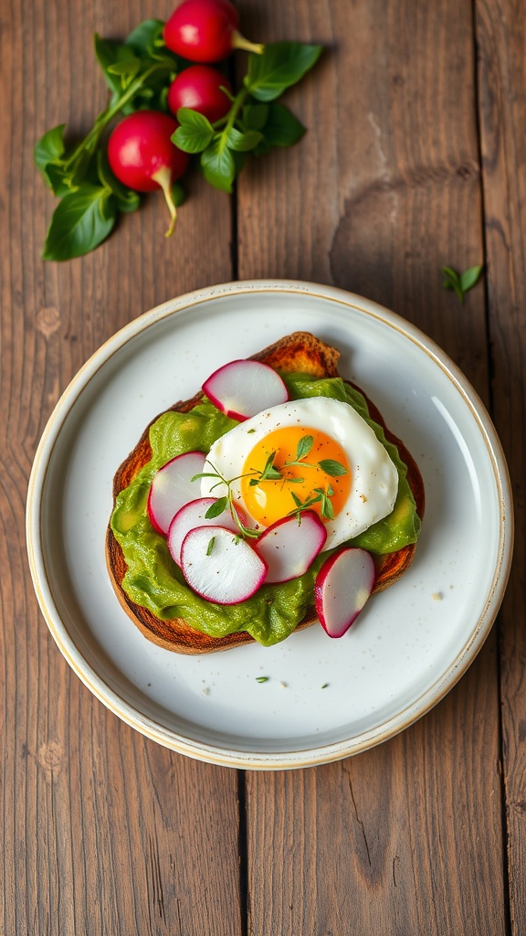 Avocado Egg Toast on a plate with radishes and herbs