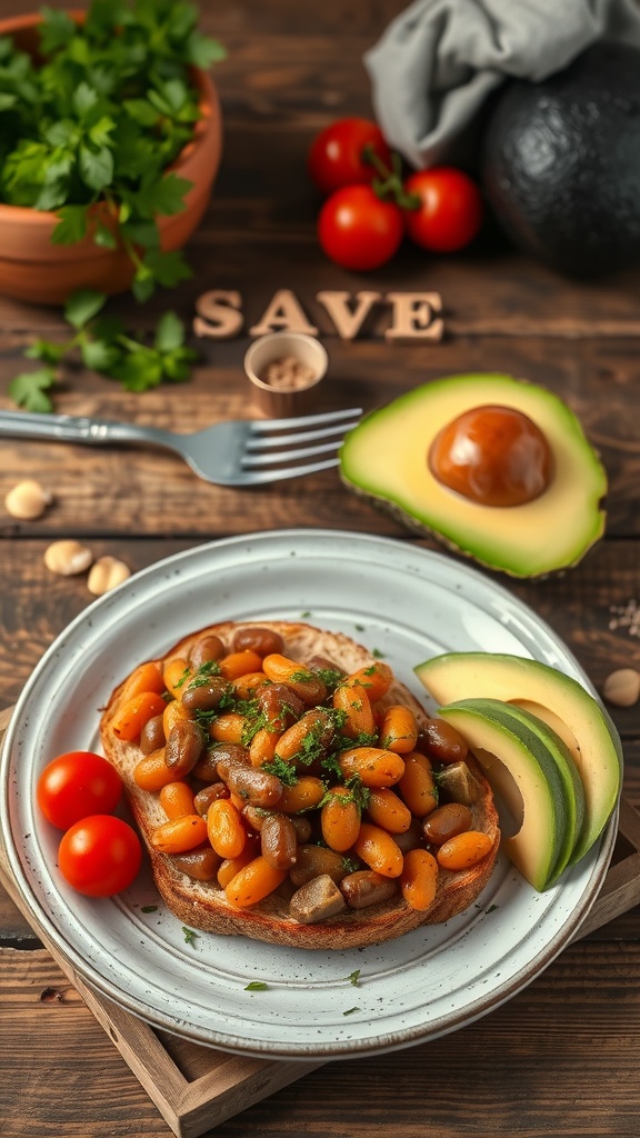 A plate of beans on toast topped with fresh herbs and served with avocado slices and cherry tomatoes.
