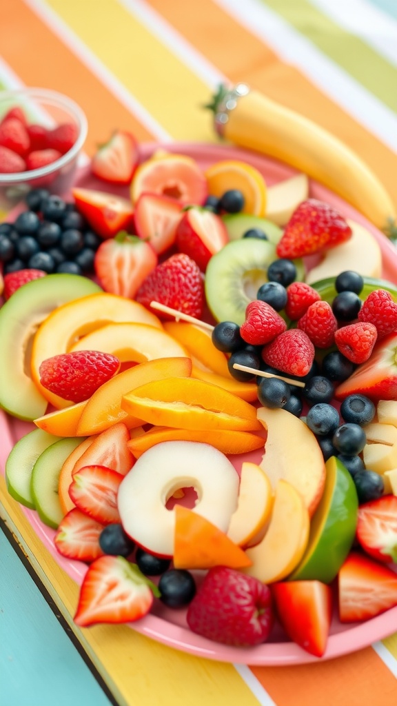 Colorful fruit platter with animal-shaped picks featuring strawberries, blueberries, kiwi, cantaloupe, and green apples.