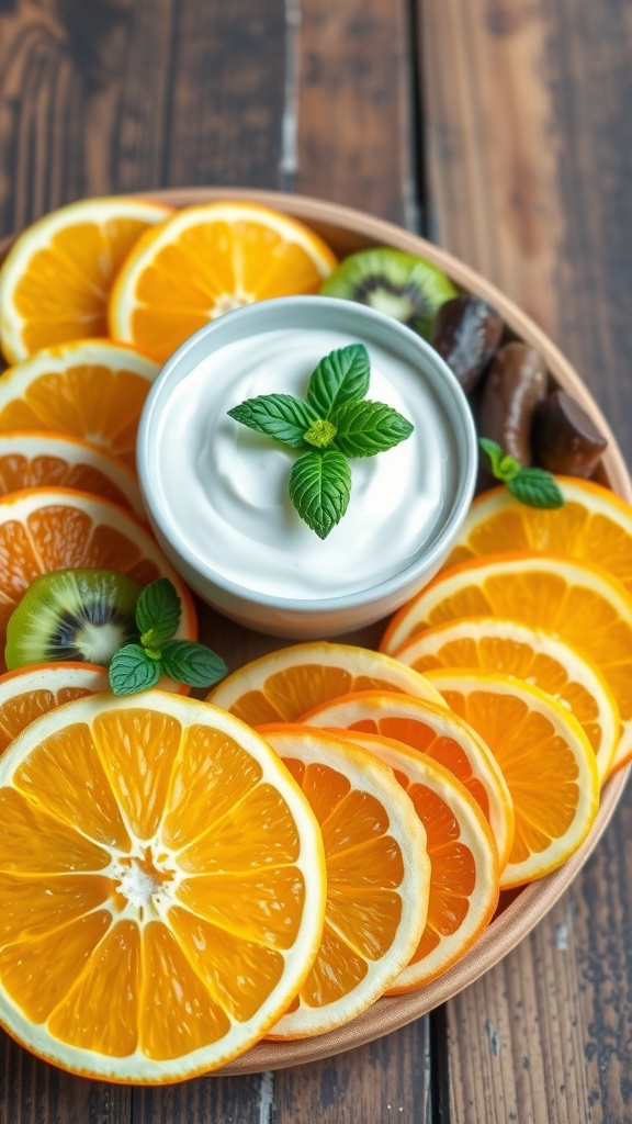 A colorful breakfast fruit tray featuring sliced oranges, kiwi, and a creamy Greek yogurt dip.