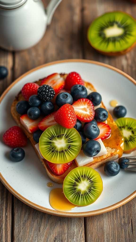 Delicious brioche fruit toast topped with assorted fresh fruits and honey.