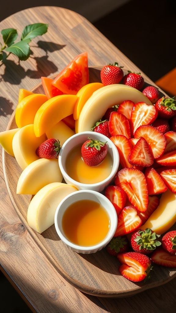 A vibrant brunch fruit platter featuring strawberries, melon, and bowls of honey dip.