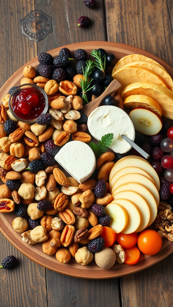 A charcuterie-style fruit board featuring dried fruits, nuts, soft cheese, and fresh fruits arranged on a wooden platter.