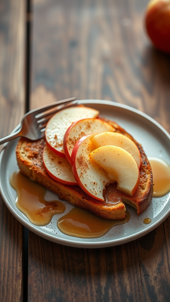 Cinnamon Apple Toast on a plate with apple slices and syrup.