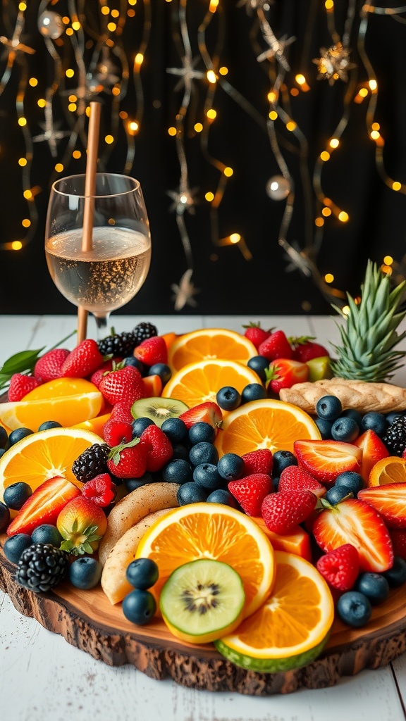 A vibrant fruit charcuterie board featuring strawberries, blueberries, oranges, banana, kiwi, blackberries, and pineapple, garnished with mint.