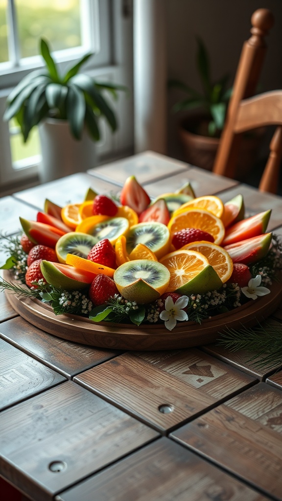 Colorful fruit platter with strawberries, oranges, kiwis, and mint leaves arranged on a wooden tray.