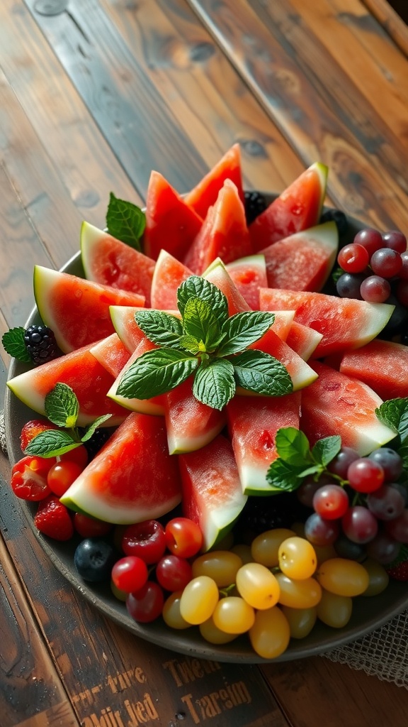 A decorative fruit tray featuring star-cut watermelon, grapes, and mint leaves.