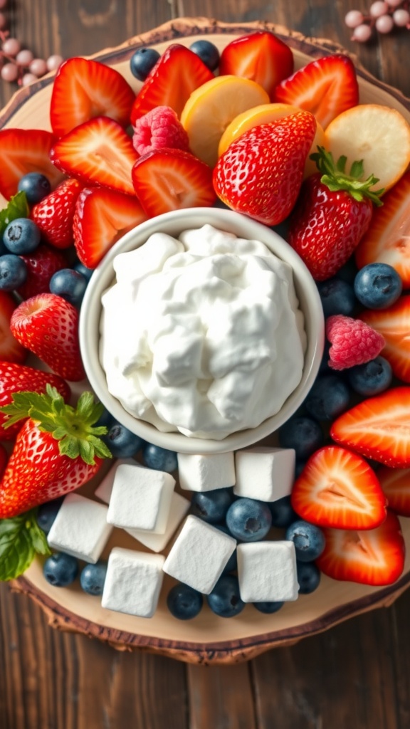 A colorful fruit dip platter featuring fresh strawberries, blueberries, and peach slices with a marshmallow cream dip.