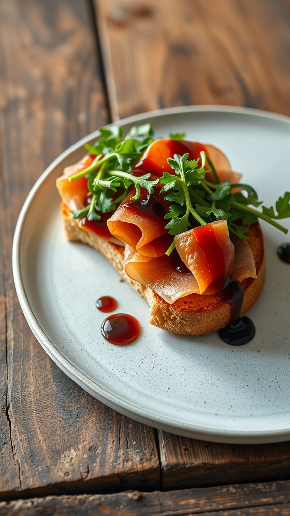 Fancy prosciutto toast with greens and balsamic glaze on a plate