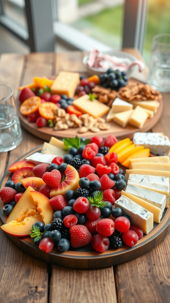 A colorful fruit platter with assorted fruits and cheeses arranged beautifully.