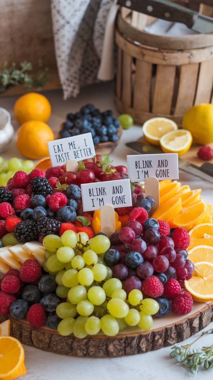 Colorful fruit charcuterie board with assorted fruits and mini labels.