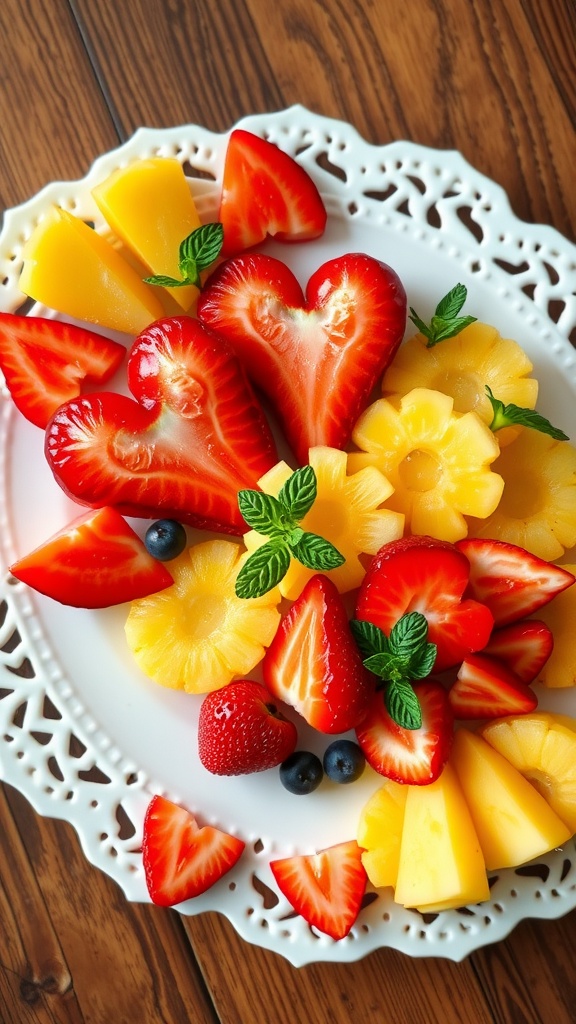 A decorative fruit platter with heart and flower shaped fruits.