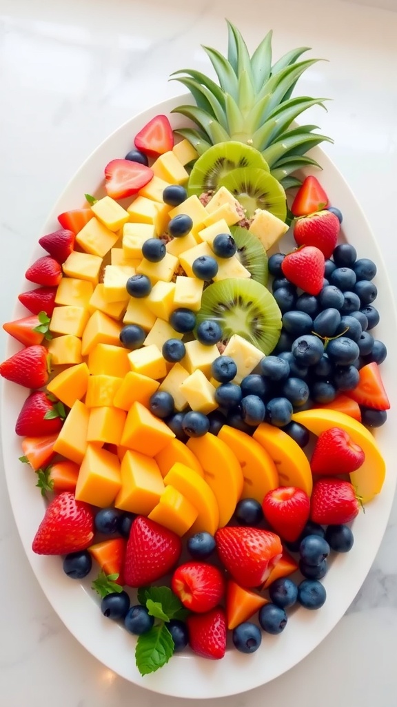 Colorful fruit platter arranged in a rainbow pattern with various fruits.
