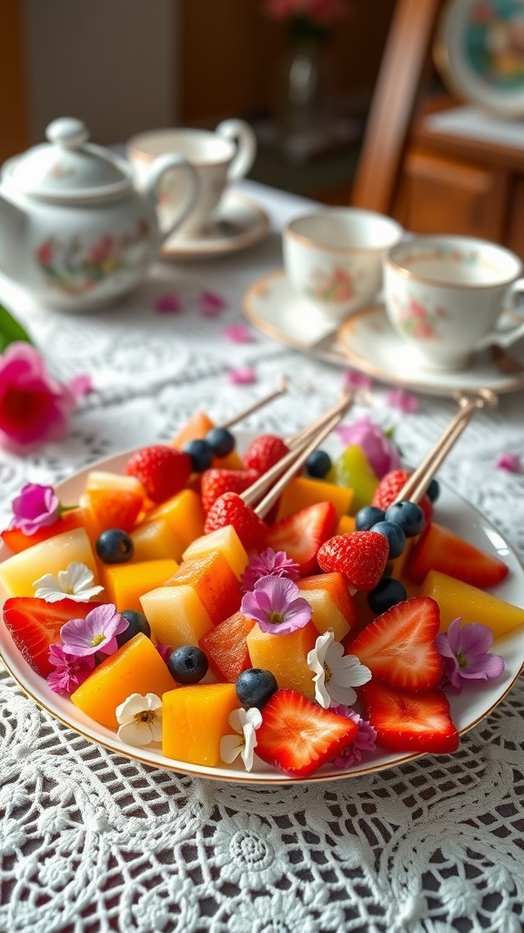 Colorful fruit platter with mini skewers and edible flowers, perfect for a tea party.